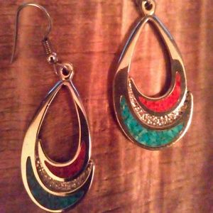 Turquoise Coral Inlay Silver Drop Earrings